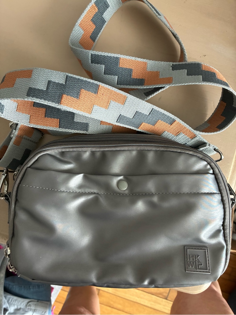Gray Crossbody Bag with Patterned Strap - Detail